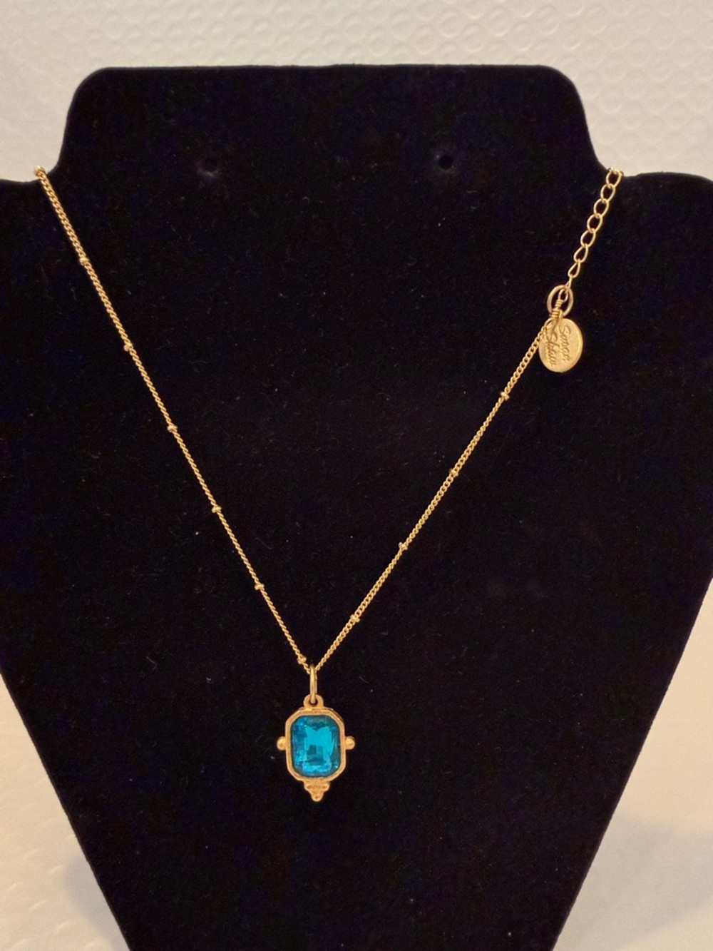 Gold Necklace with Bright Blue Glass Pendant 16” w extended NWT